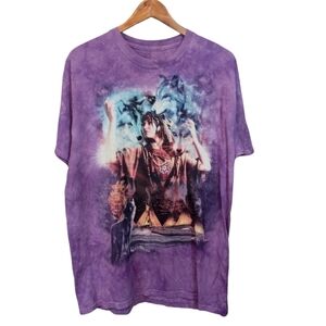The Mountain Native Indian Spirit Wolf Tee Shirt Purple TyeDye Unisex Size Large